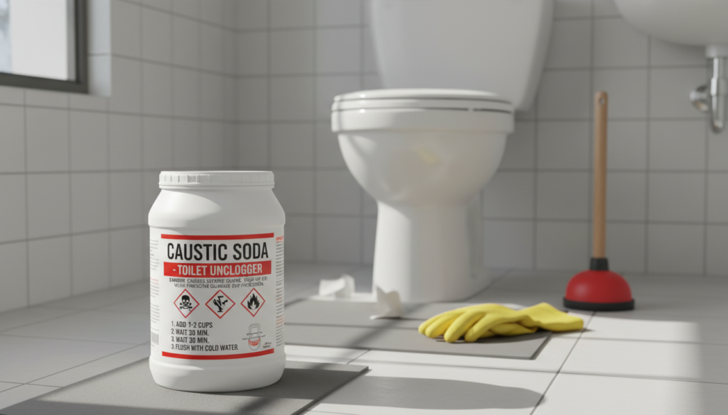A clear and informative image depicting caustic soda specifically designed for unclogging toilets. In the foreground, showcase a container of caustic soda, prominently labeled with safety symbols and instructions. The middle ground should feature a bathroom setting, highlighting a porcelain toilet with visible signs of blockage. Add cleaning gloves and a plunger beside the toilet for a realistic touch. In the background, a softly lit bathroom environment with tiled walls and a sink creates an authentic atmosphere. Utilize natural light coming from a window to enhance the mood, casting gentle shadows. The overall tone should be serious yet informative, conveying the practicality and risks of using caustic soda for unclogging toilets, without any people or distractions.