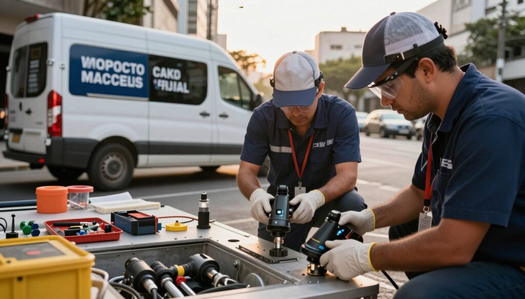 A highly specialized team of professionals, wearing matching uniforms and safety gear, is actively using state-of-the-art plumbing equipment in a well-lit urban setting. In the foreground, focus on two technicians inspecting advanced drain inspection cameras, showcasing their teamwork and expertise. The middle ground features a modern, stylish van labeled with plumbing services, with tools and materials organized neatly. In the background, the bustling streets of São Paulo can be seen, hinting at the city’s vibrancy. Soft, natural lighting from a late afternoon sun creates a warm atmosphere, highlighting the professionalism and dedication of the team. The perspective is slightly low-angle, giving a sense of confidence and expertise.