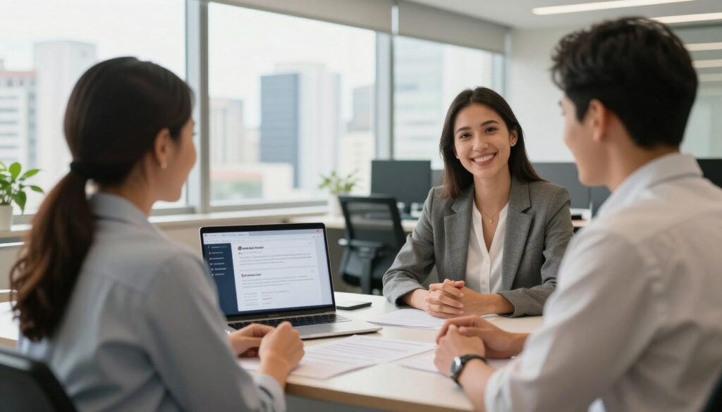 A professional business office scene depicting transparency and commitment to customer service. In the foreground, a confident businesswoman in smart casual attire is engaged in a friendly conversation with a satisfied customer, both smiling, conveying trust and professionalism. The middle ground features an open desk with clear documentation and a laptop displaying positive customer feedback. The background shows large windows allowing natural light to flood the room, with a view of São Paulo’s skyline, symbolizing the 24-hour availability of the service. The overall atmosphere is warm and inviting, with bright lighting emphasizing transparency and customer commitment. Use a wide-angle lens to capture the depth of the scene and create an inclusive environment.