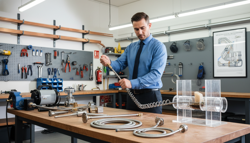 A professional plumber in a clean, bright, well-organized workshop, demonstrating various plumbing unclogging tools and techniques. In the foreground, a variety of equipment like plumbing snakes, high-pressure water jets, and augers are displayed on a workbench, gleaming under soft, overhead fluorescent lighting. In the middle, the plumber, dressed in professional business attire, skillfully operates a plumbing snake on a cutaway of a pipe, showing the unclogging process. The background features walls adorned with tool storage, pipes, and safety equipment, emphasizing a practical and efficient atmosphere. The image captures a sense of expertise and professionalism, highlighting the essential equipment and techniques for effective drain cleaning. The overall mood is bright, clean, and focused on technical skill.