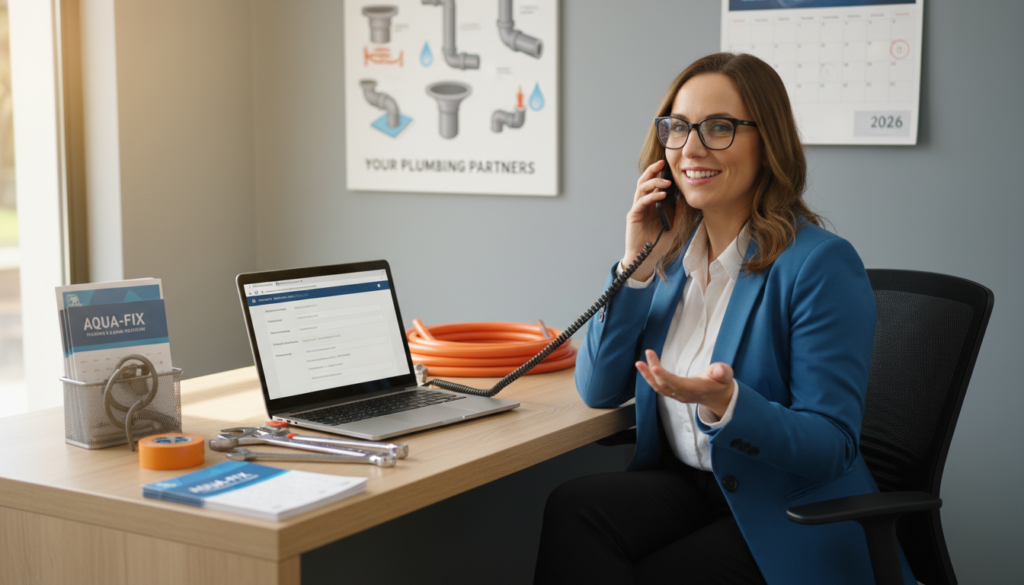 A professional setting depicting a friendly customer service representative in business attire sitting at a modern desk, surrounded by tools and materials related to plumbing and drainage services. The representative is speaking on the phone, with a laptop open displaying a contact form for budgeting purposes. In the background, there are subtle visual cues like a poster of plumbing solutions and a calendar showing the year 2026. Soft, natural lighting filters through a nearby window, casting a warm glow over the scene. The atmosphere is inviting and reassuring, conveying professionalism and trust. The composition focuses on the representative in the foreground with a blurred background, emphasizing the interaction and service aspect of contacting a plumbing company.