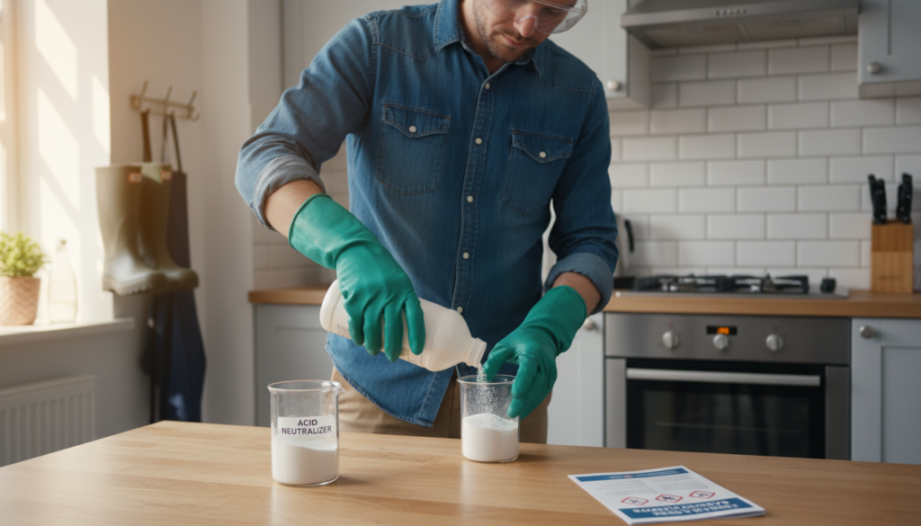 A well-lit, informative scene depicting essential safety measures for using caustic soda in a household setting. In the foreground, a cautious adult wearing professional casual clothing is carefully handling a bottle of caustic soda, with protective gloves and goggles on. In the middle ground, a neatly organized work table displays safety equipment, including a measuring cup, neutralizing agent, and a detailed safety information pamphlet. The background features a clean kitchen environment, emphasizing the responsible use of chemicals. Soft, natural light filters through a window, highlighting the seriousness of safety without creating a tense atmosphere. The overall mood is educational and focused, promoting caution and responsibility while using household chemicals.